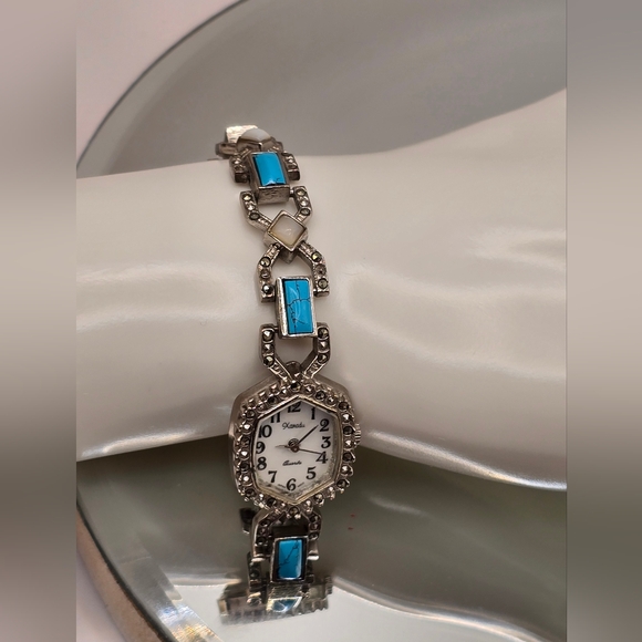 Xanadu Quartz Japan Movement Faux Turquoise & Marcasite Vintage Watch - Picture 3 of 13
